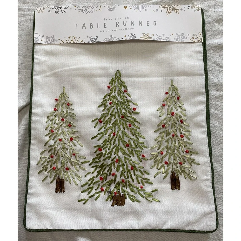 Holiday Tree‎ Sketch Table Runner 14x72 Embroidered Christmas Red Green White